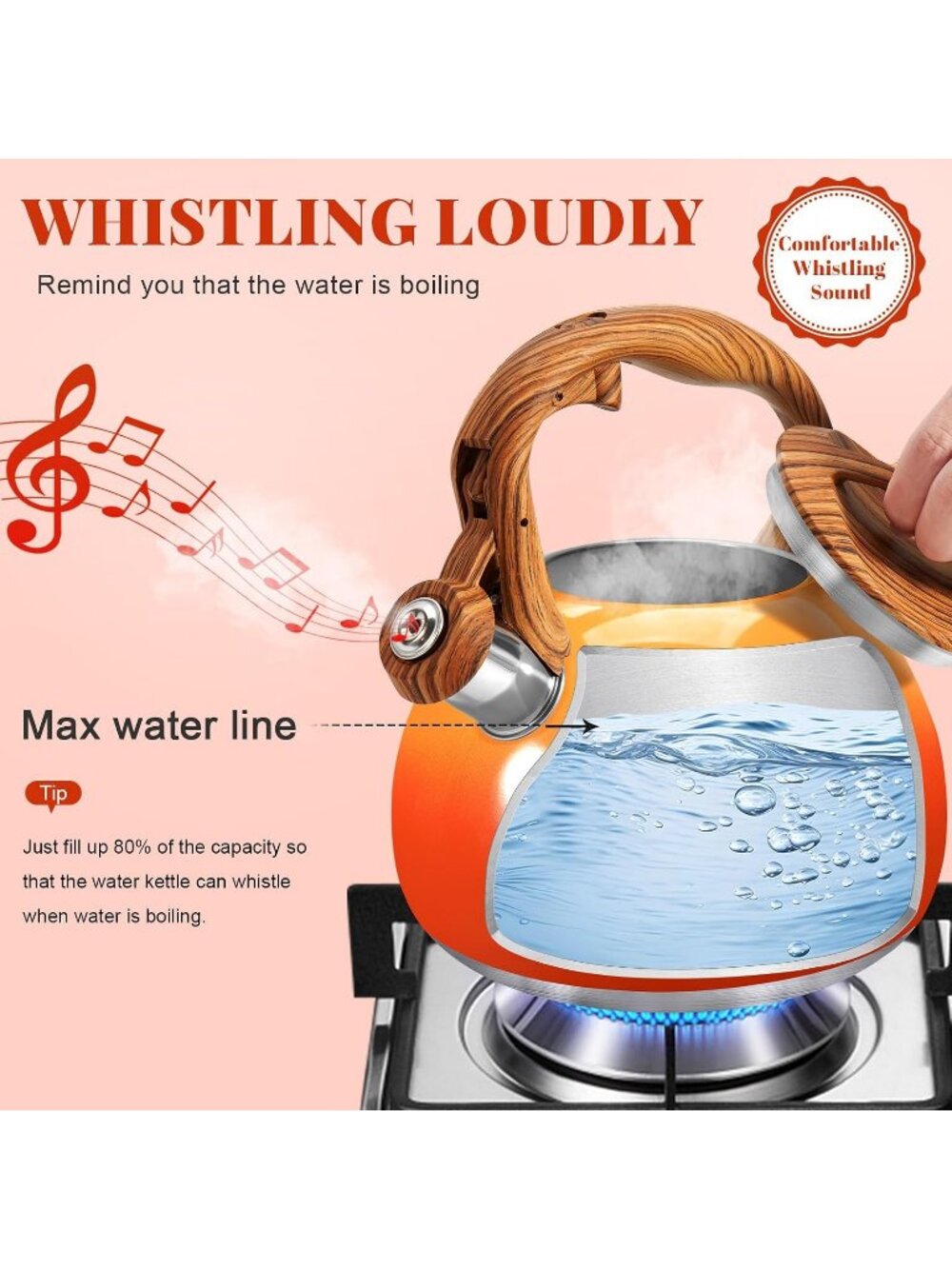 GGC 3.1QT Orange Stainless Steel Whistling Tea Kettle For Kitchen Stove Top - Picture 3 of 7